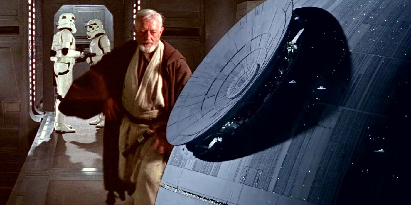 Obi-Wan Kenobi (Alec Guinness) flees from stormtroopers in the original Star Wars next to an image of the exterior of the Death Star from Rogue One: A Star Wars Story