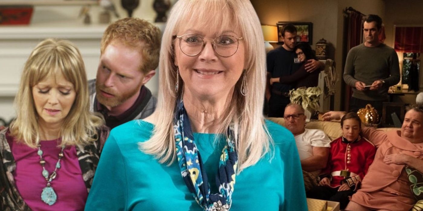 A collage image of DeDe (Shelley Long) in Modern Family, including Mitch (Jesse Tyler Ferguson) comforting her, and the moment the family learns she's died.