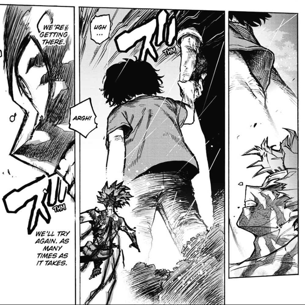 Deku vê a memória de um jovem tenko segurando a mão de um homem enquanto lutava contra shigaraki em My Hero Academia