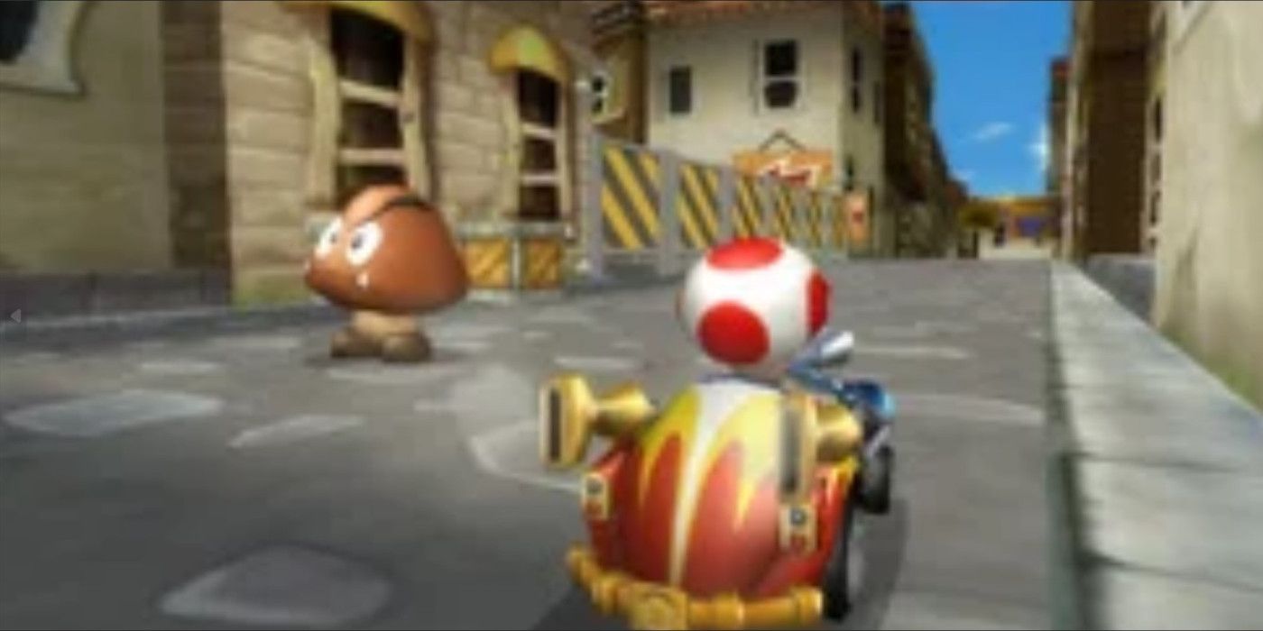 Delfino Square em Mario Kart com Toad dirigindo.