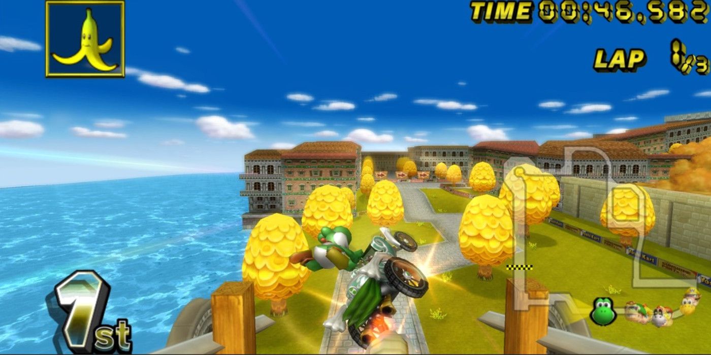 Pista Delfino Square Mario Kart com Yoshi no meio do salto.