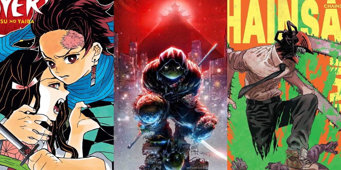 Composite image featuring Demon Slayer, TMNT: The Last Ronin, and Chainsaw Man