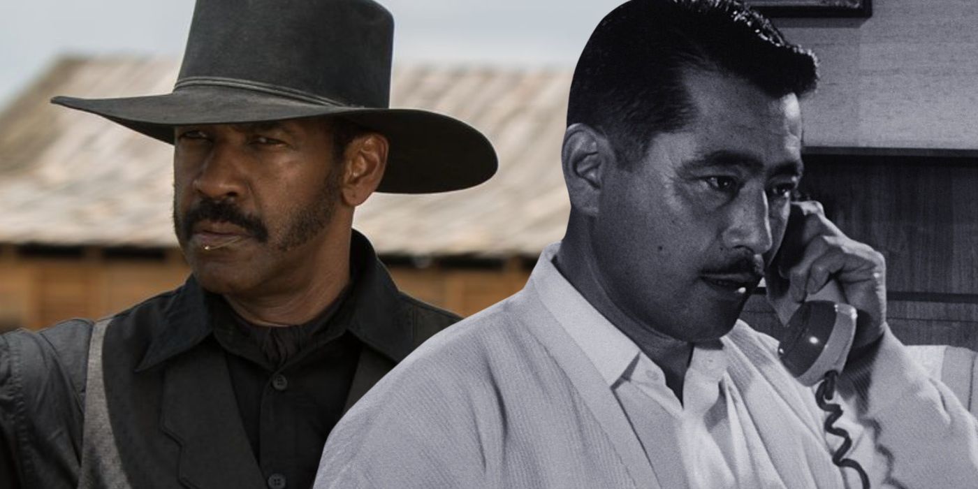Denzel Washington standing in Magnificent Seven and Toshiro Mifune on the phone in High and Low