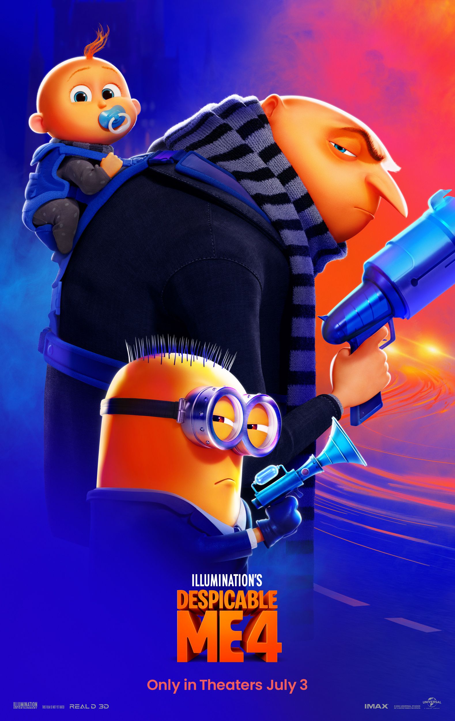 Poster for Despicable Me 4, showing Gru with his son and a minion with a gun
