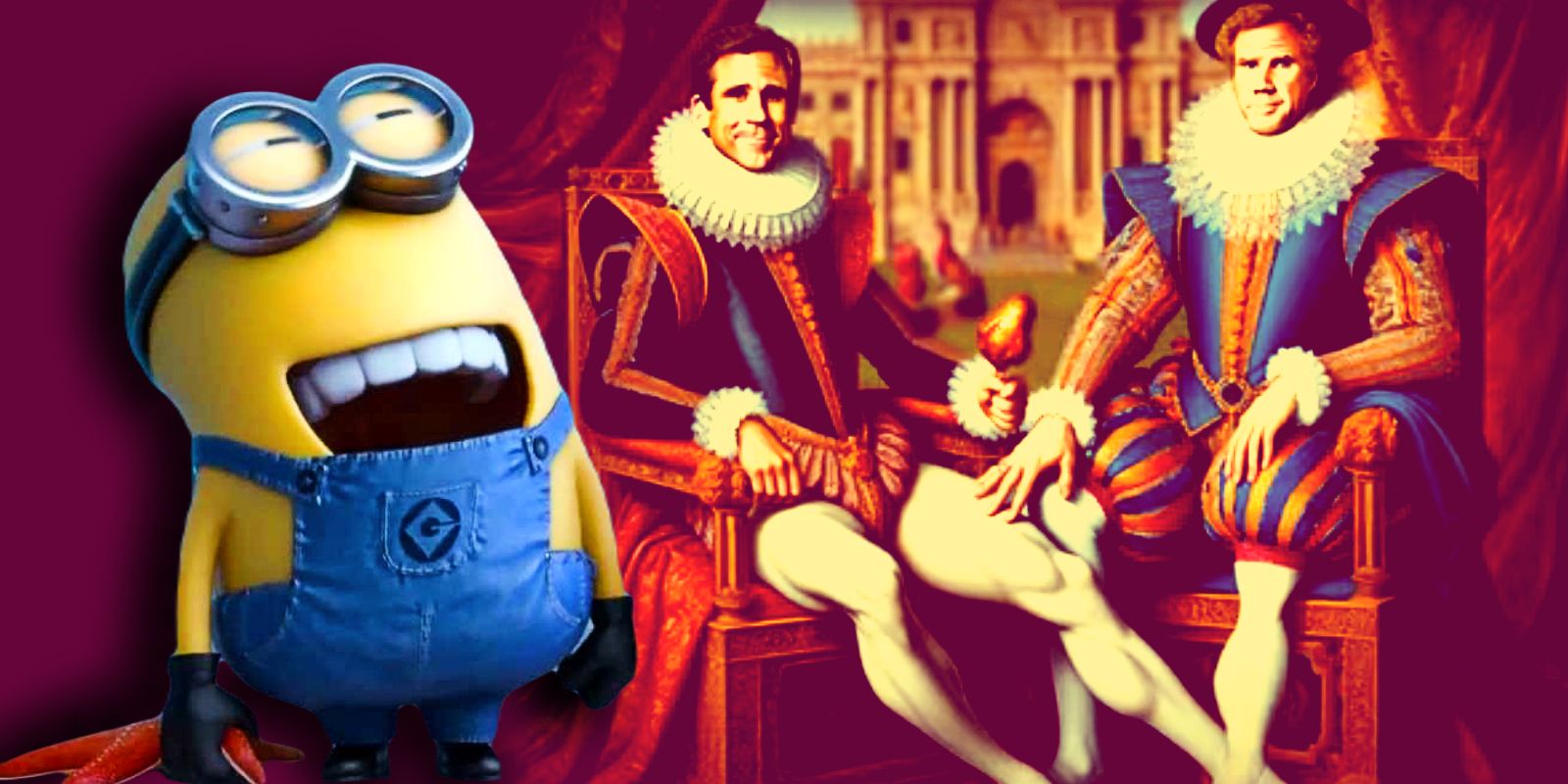 A minion laughs at a painting of Steve Carell and Will Ferrell as royalty in the Despicable Me 4 teaser.