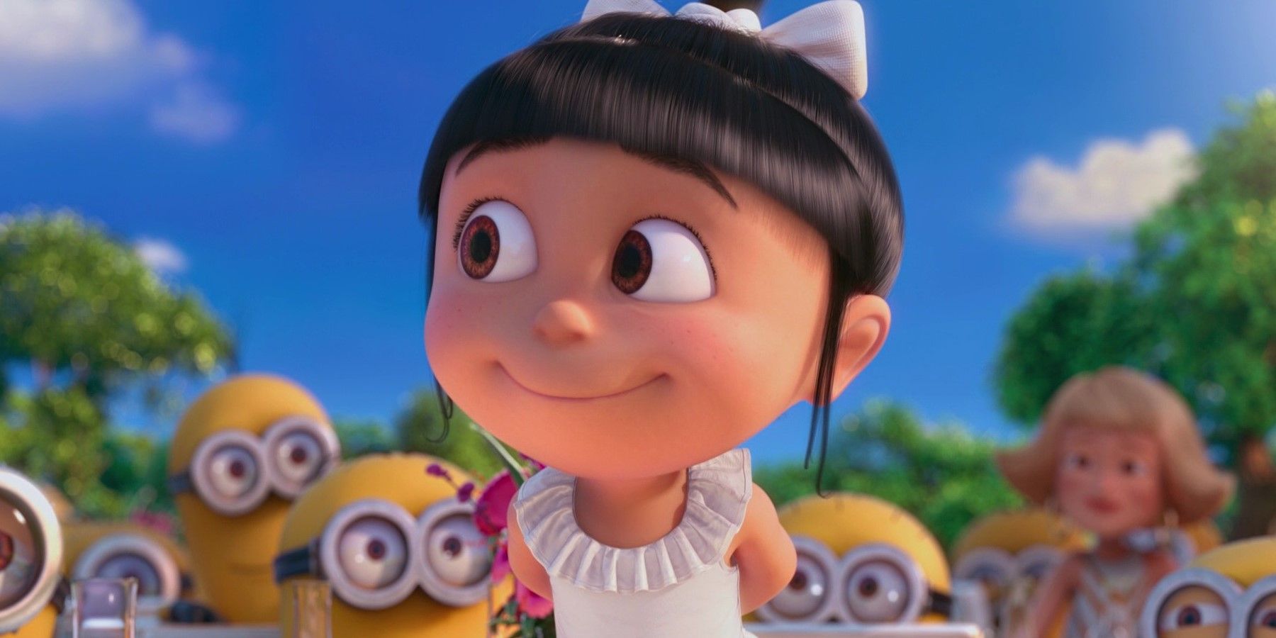 Agnes wearing a white dress and looking sideways in the Despicable Me franchise