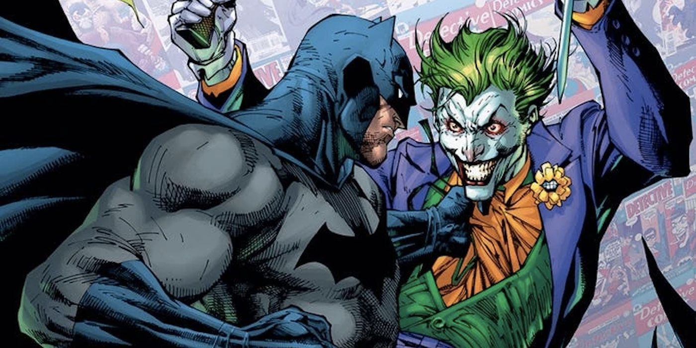 Batman grabs the Joker by the lapel with one hand, making a fist with the other