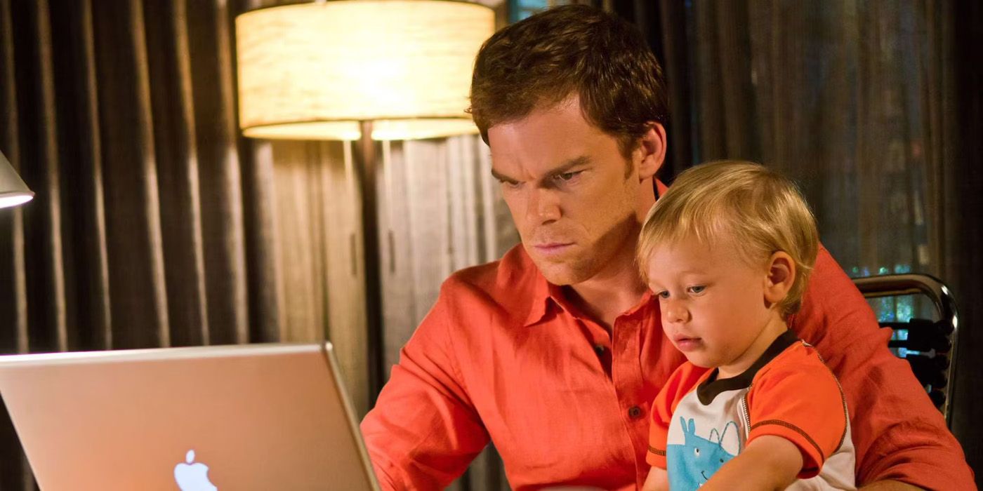 Dexter on a laptop with a young Harrison Morgan