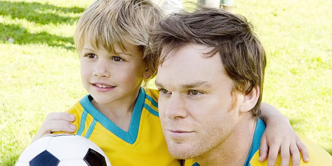Dexter with a child Harrison Morgan and a soccer ball