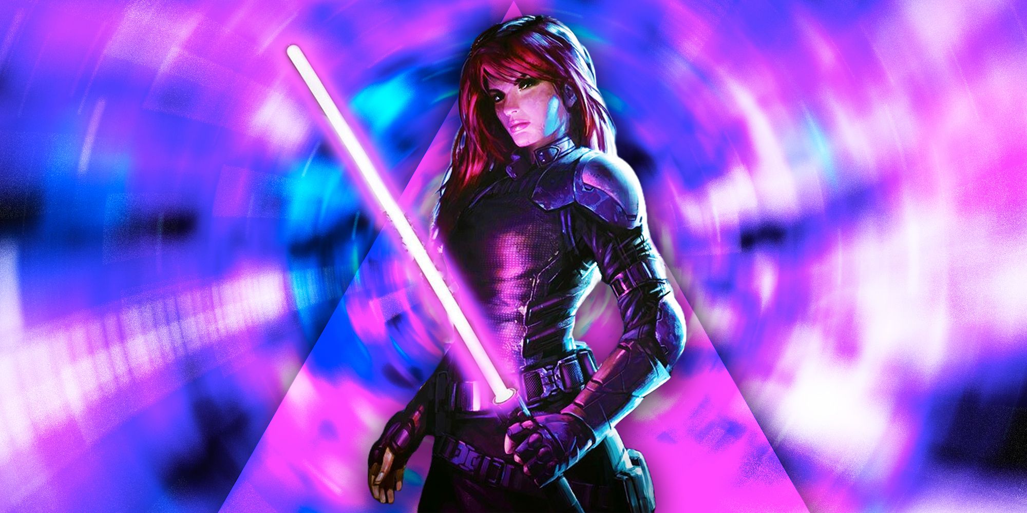 Mara Jade as depicted in Star Wars Legends with her purple blade superimposed over a triangle background