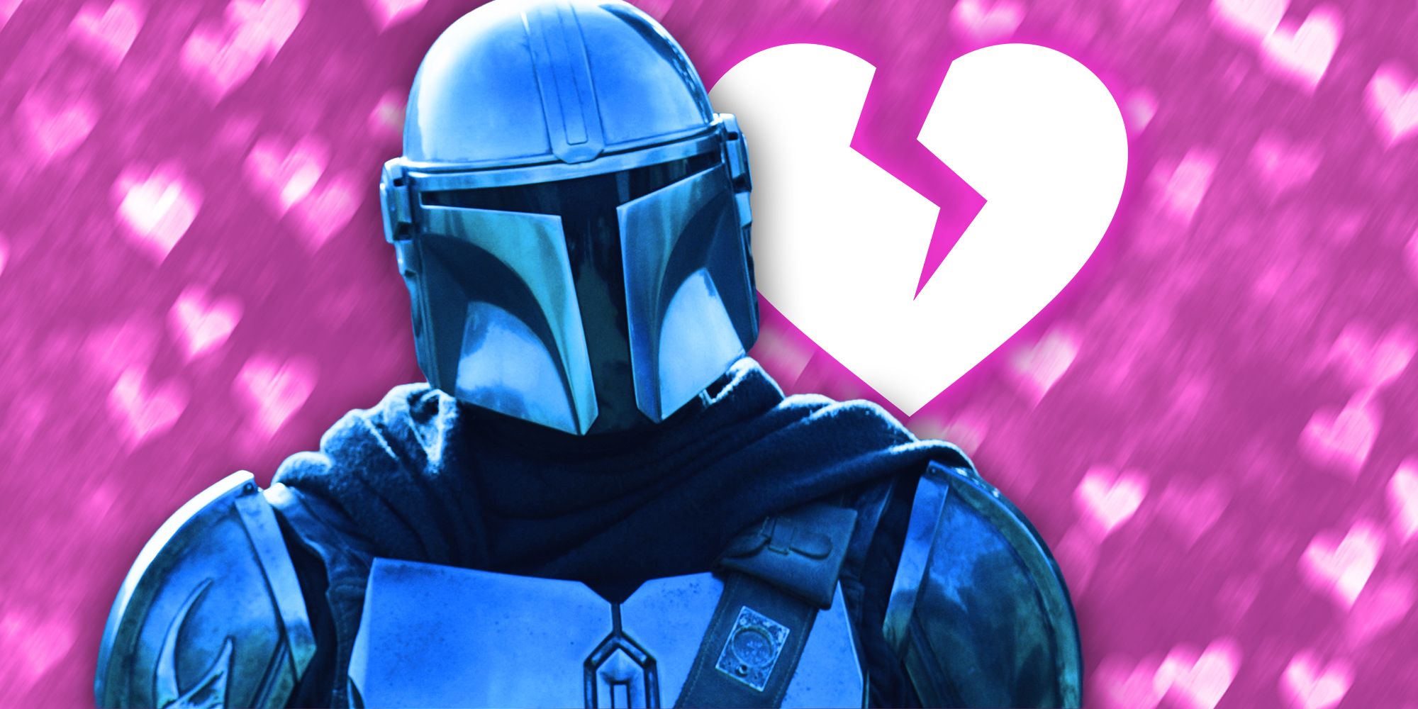 Din Djarin in The Mandalorian season 2 premiere, superimposed over a broken heart and heart background