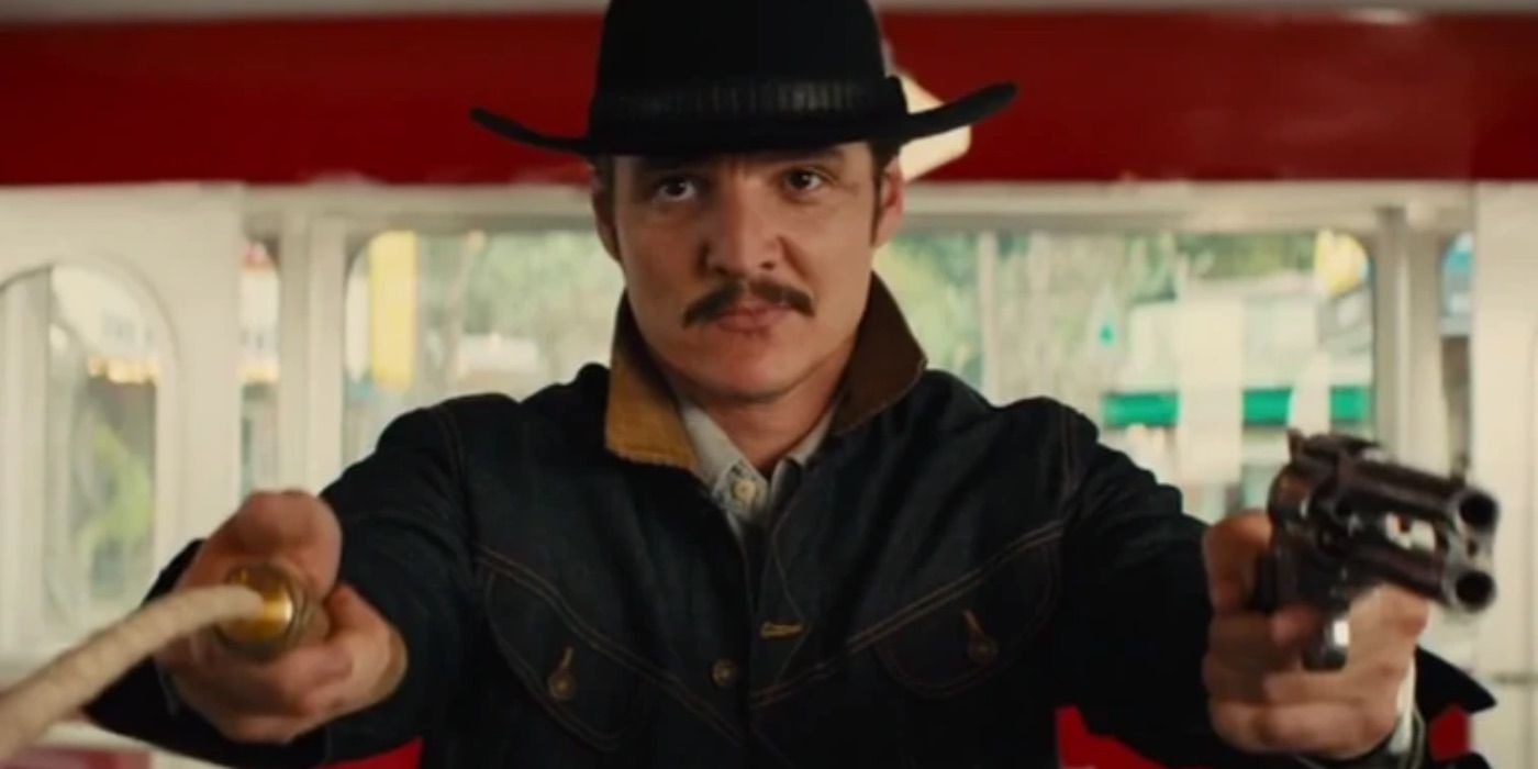 Pedro Pascal with a gun and a lasso in Kingsman: The Golden Circle