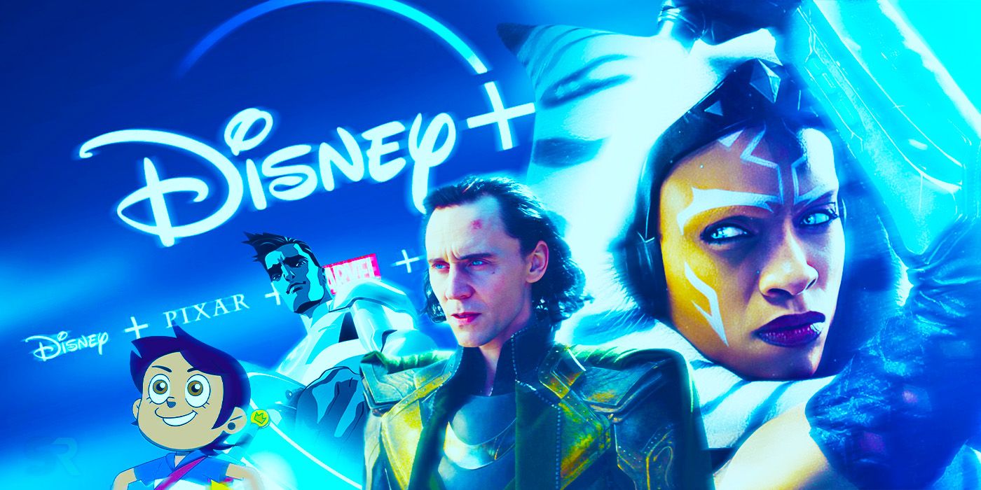 Luz from The Owl House, Beck from Tron Uprising, Loki from the MCU, and Ahsoka from Star Wars with a Disney+ background