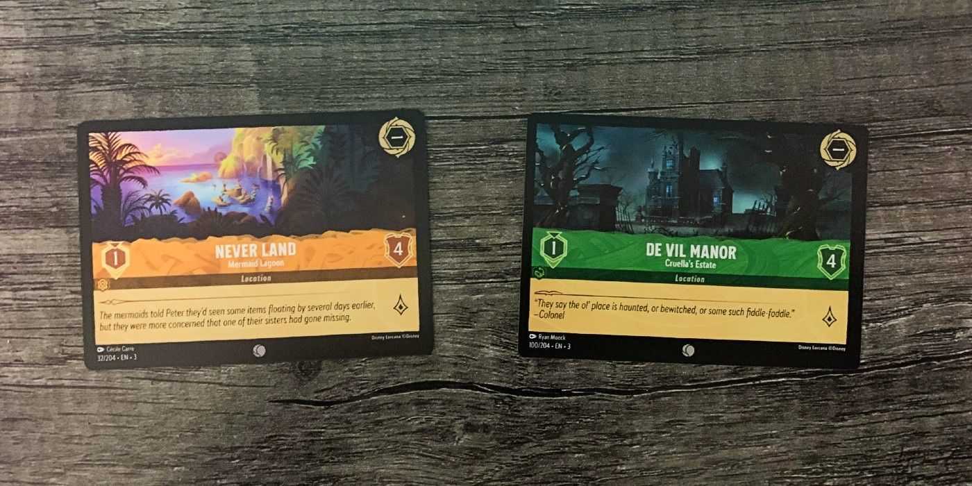Disney Lorcana Locations Cards From Into The Inklands Never Land and De Vil Manor