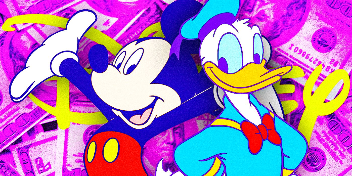 Disney Mickey Mouse and Donald with money behind them