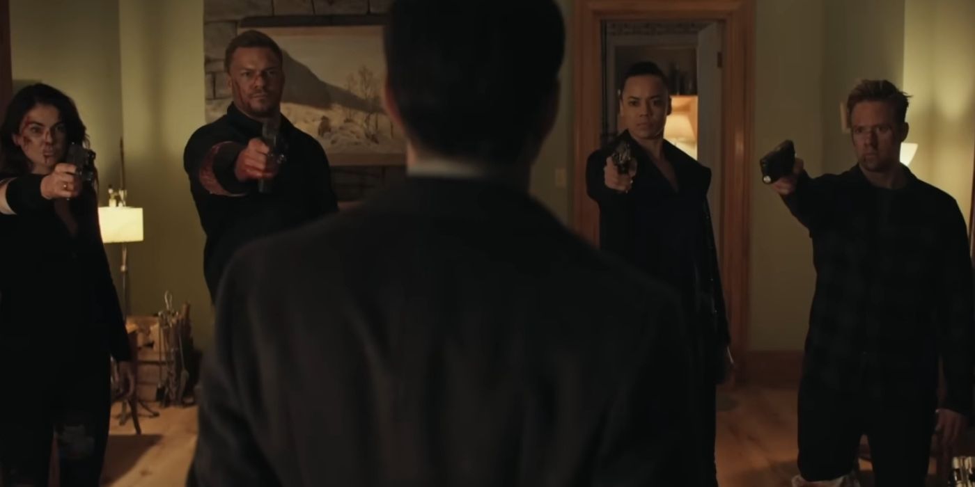 Dixon, Reacher, Neagley and O'Donnell aim guns at AM in Reacher season 2