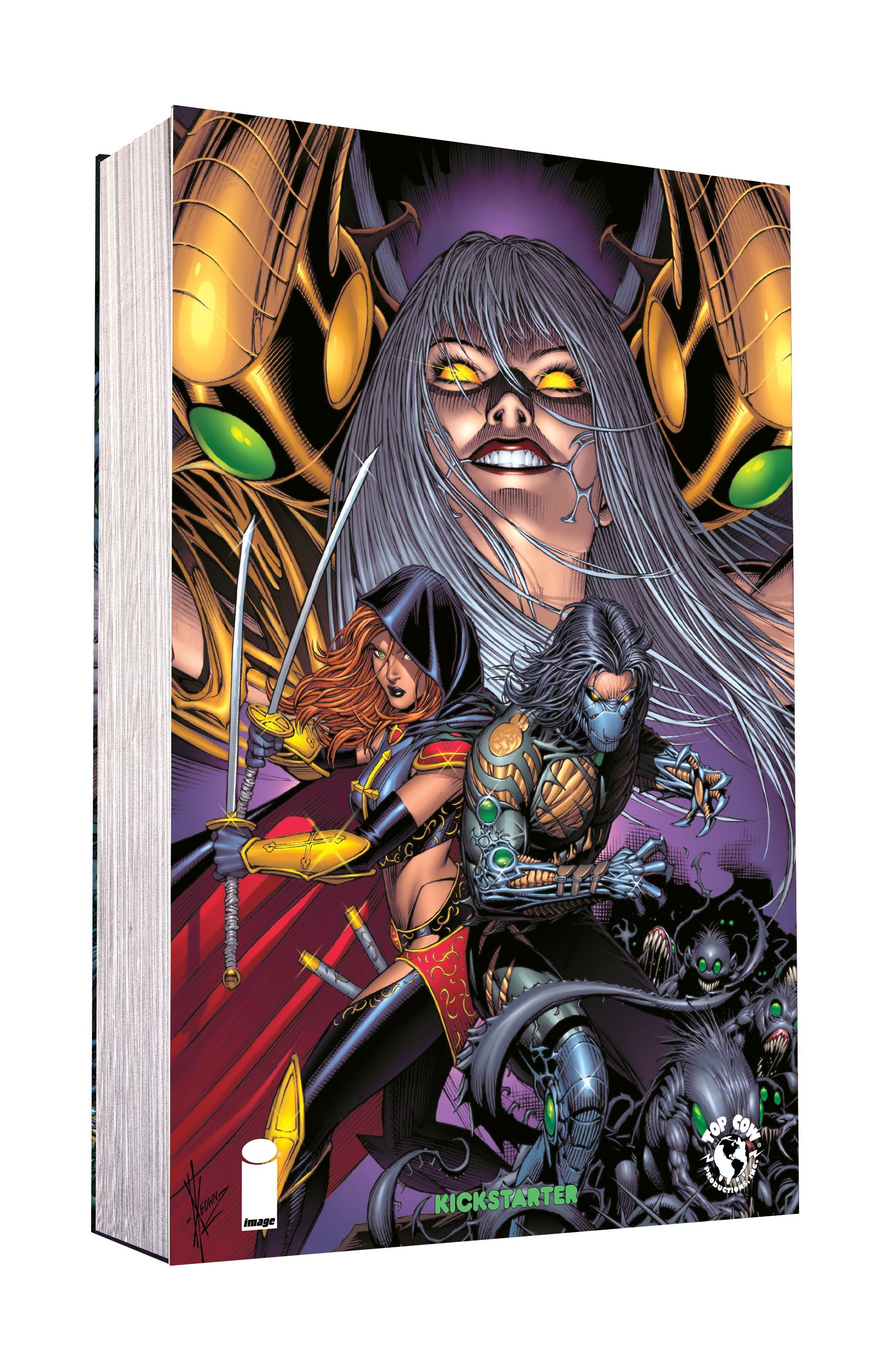 Darkness Complete Collection Volume 3 Back Cover: two costumed heroes with swords and metal claws stand ready to fight in front of a large figure with white hair.