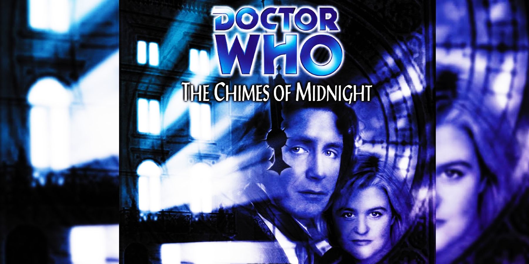 Paul McGann and India Fisher inside a clockface