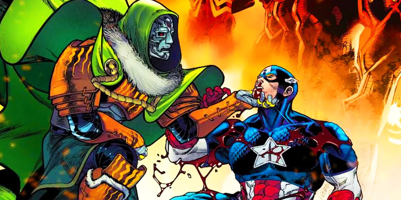 Doutor Destino com um Capitão América ferido na Marvel Comics