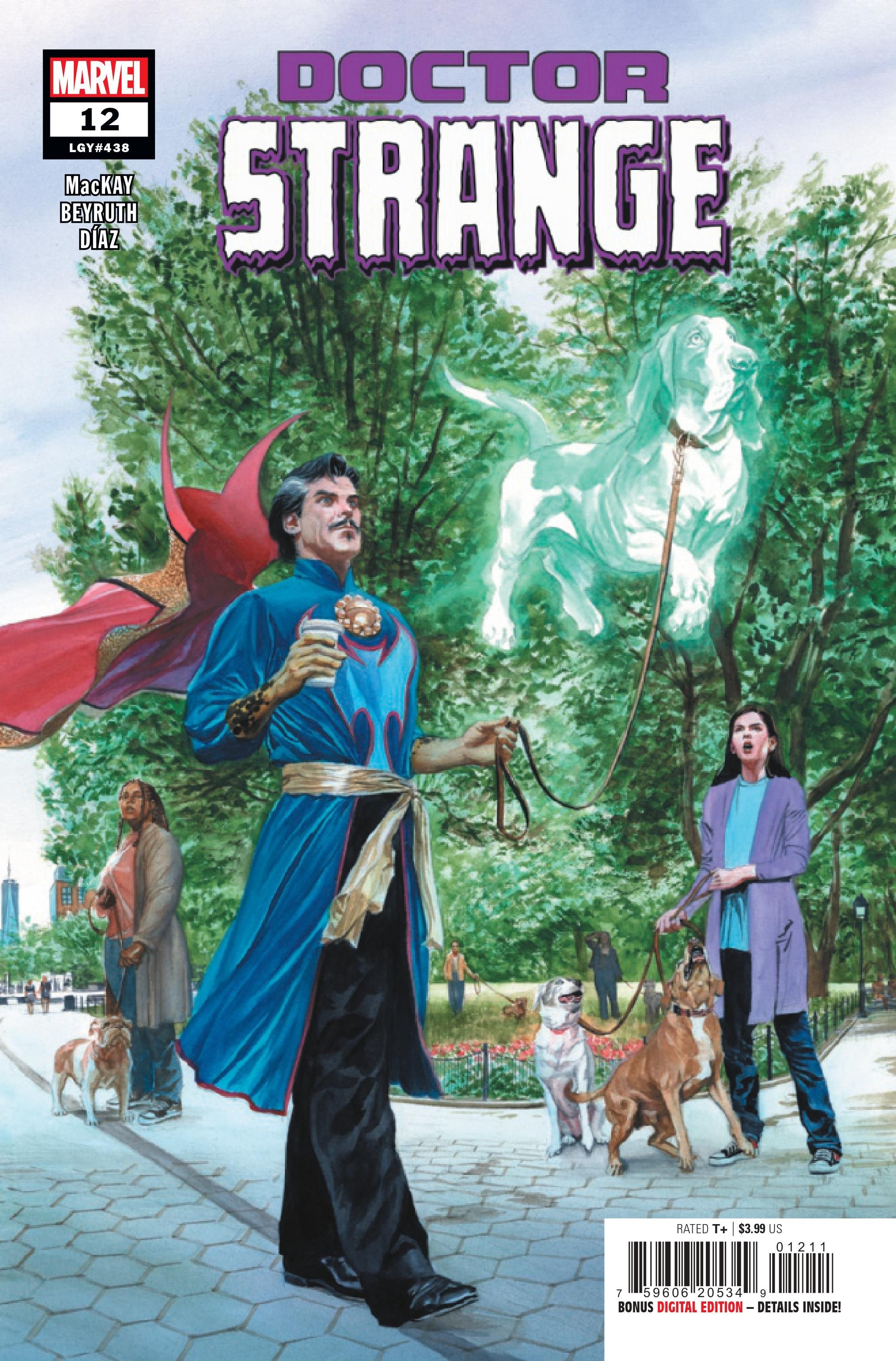Image of Doctor Strange walking his ghost dog, Bats, who is floating in the air.