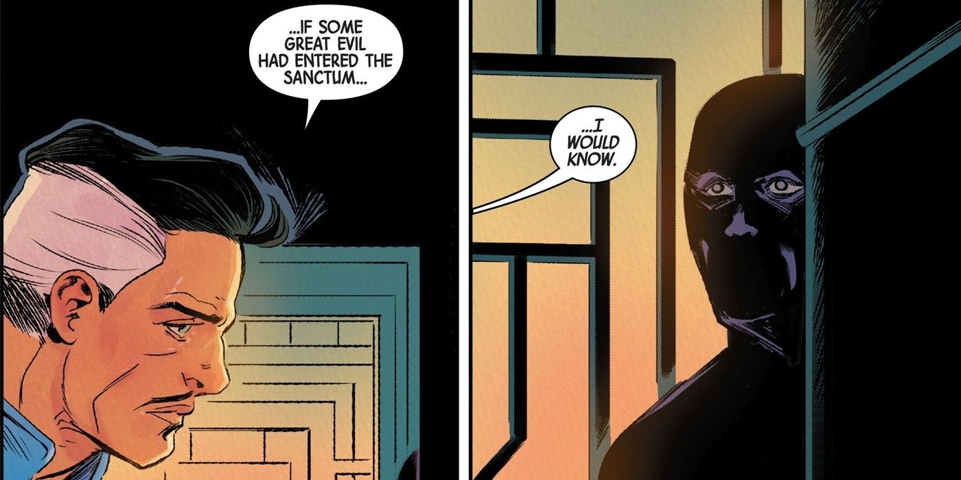 Two panels, one of Doctor Strange and the other a mysterious shadowy figure.
