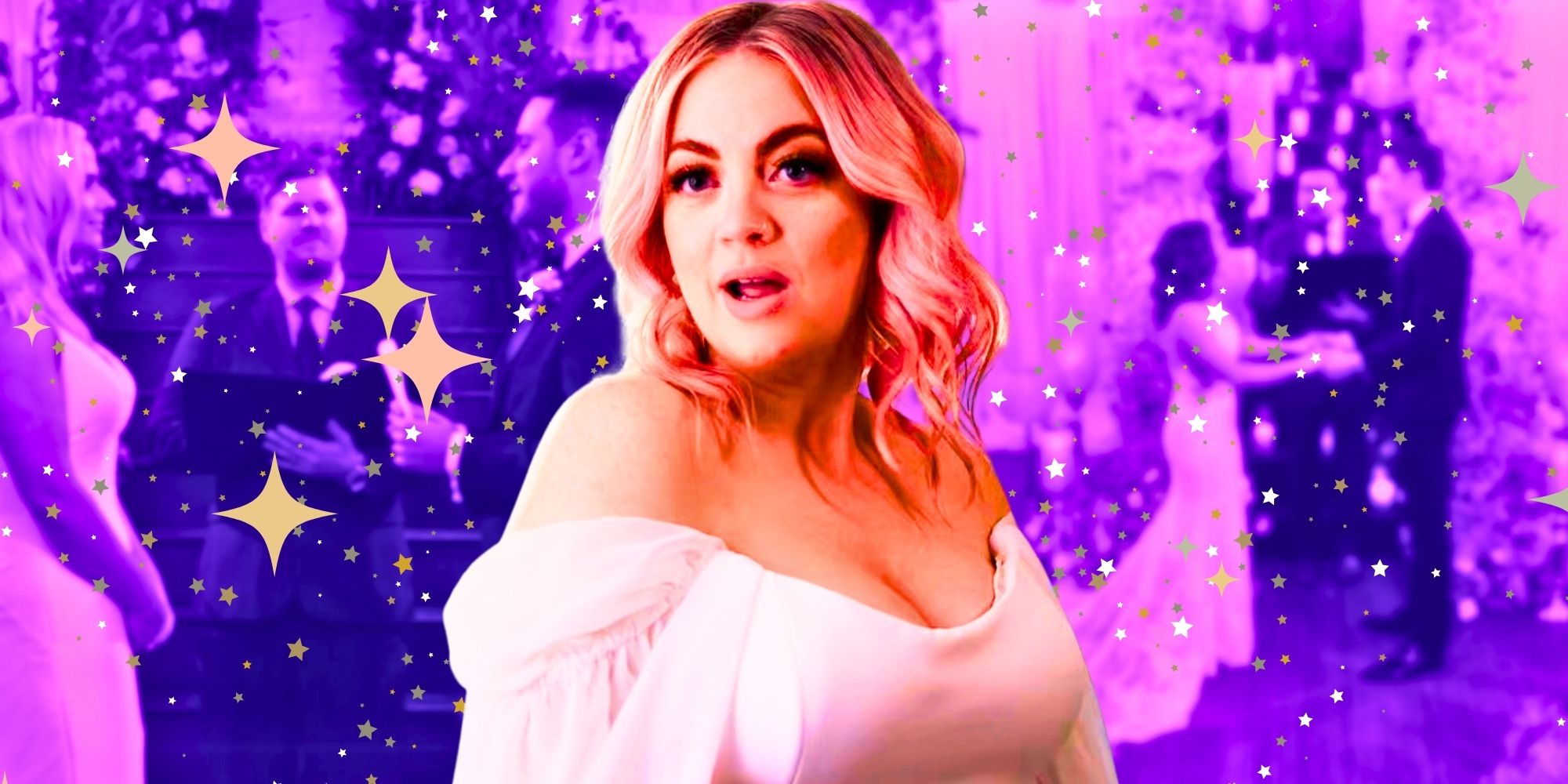 Married At First Sight Becca montage of Becca in wedding dress and other couples at the altar