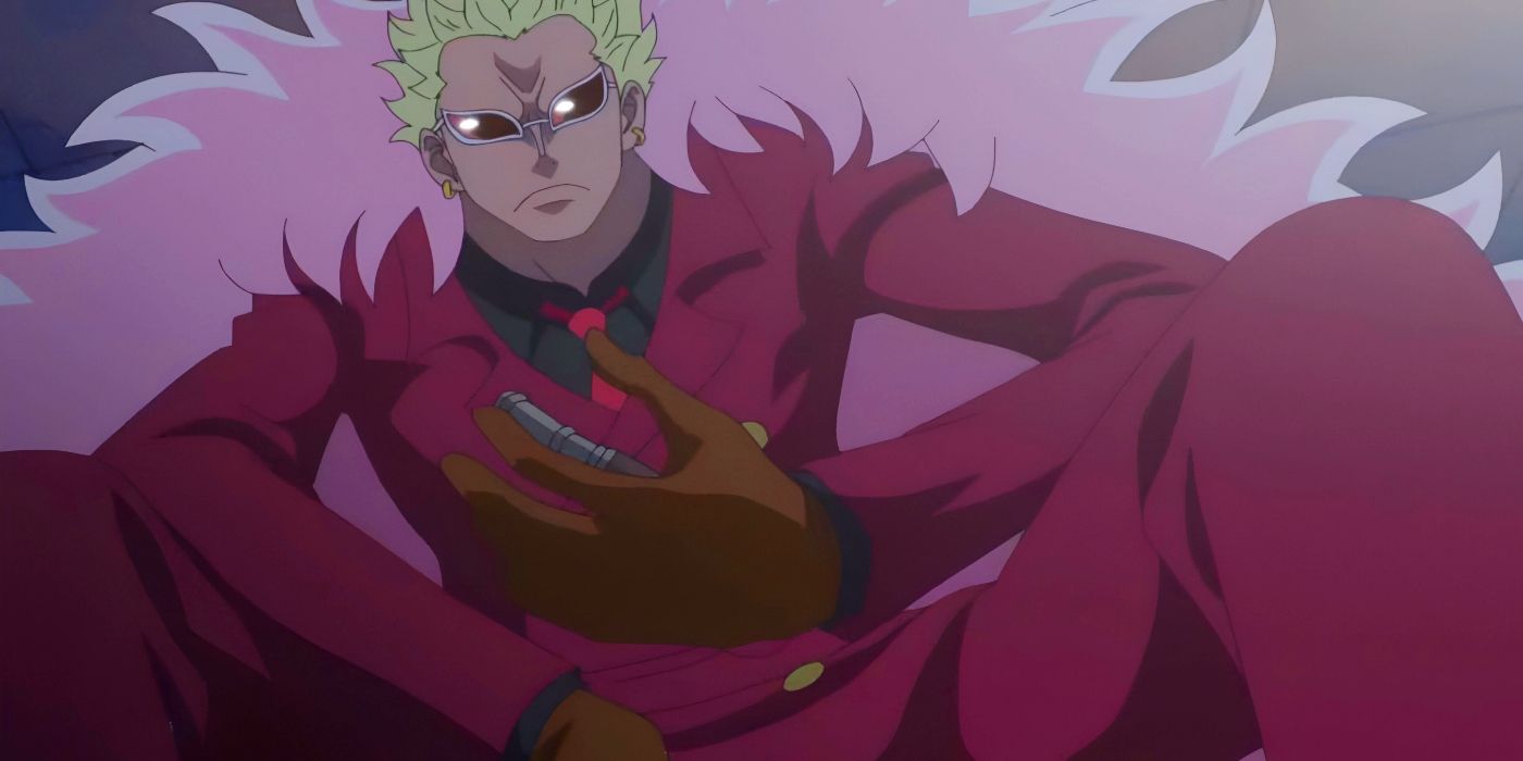 a young Doflamingo dressed in a red suit as the head of the Donquixote Family in the past from One Piece.
