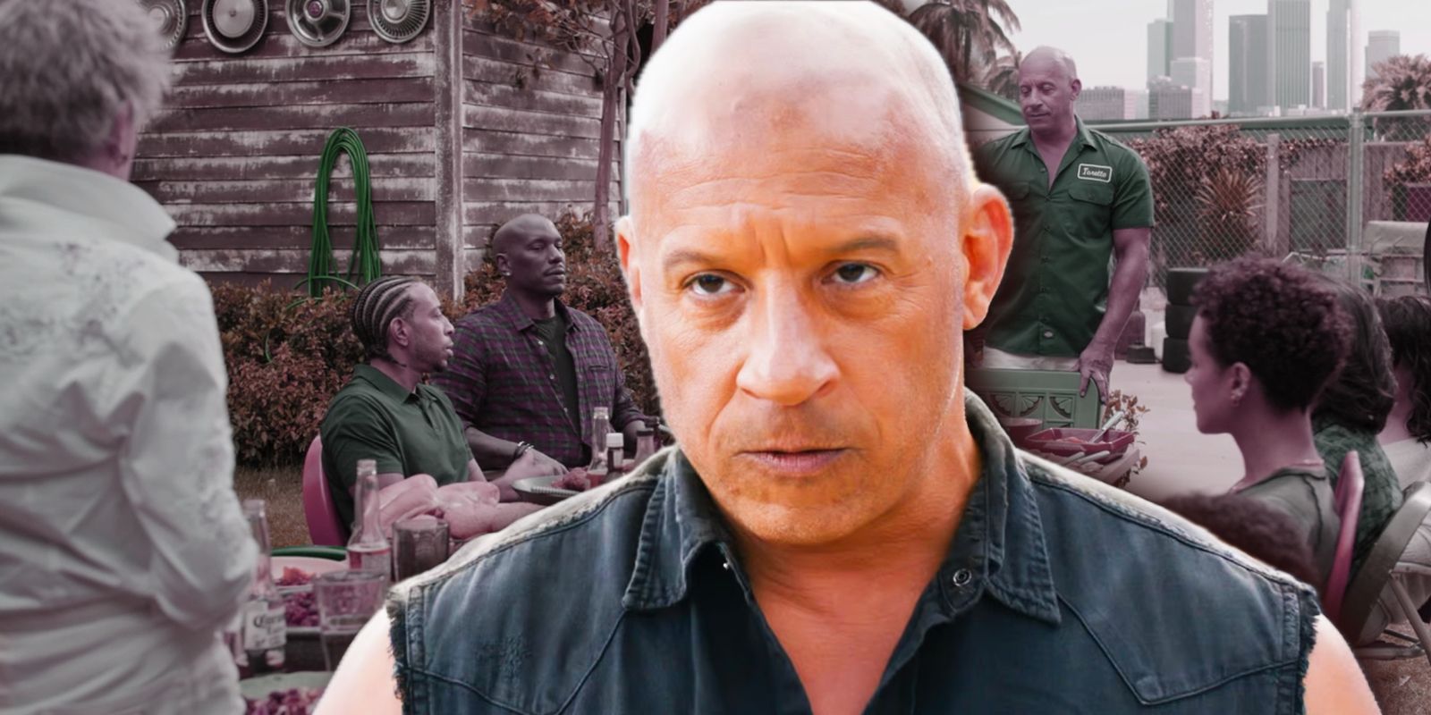Dominic Toretto overtop Fast X scene of cast eating at table