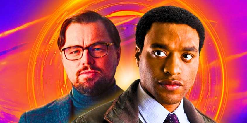 Custom collage of Leonardo DiCaprio as Dr. Randall Mindy in Don't Look Up and Chiwetel Ejiofor as geologist Adrian Helmsley in 2012.