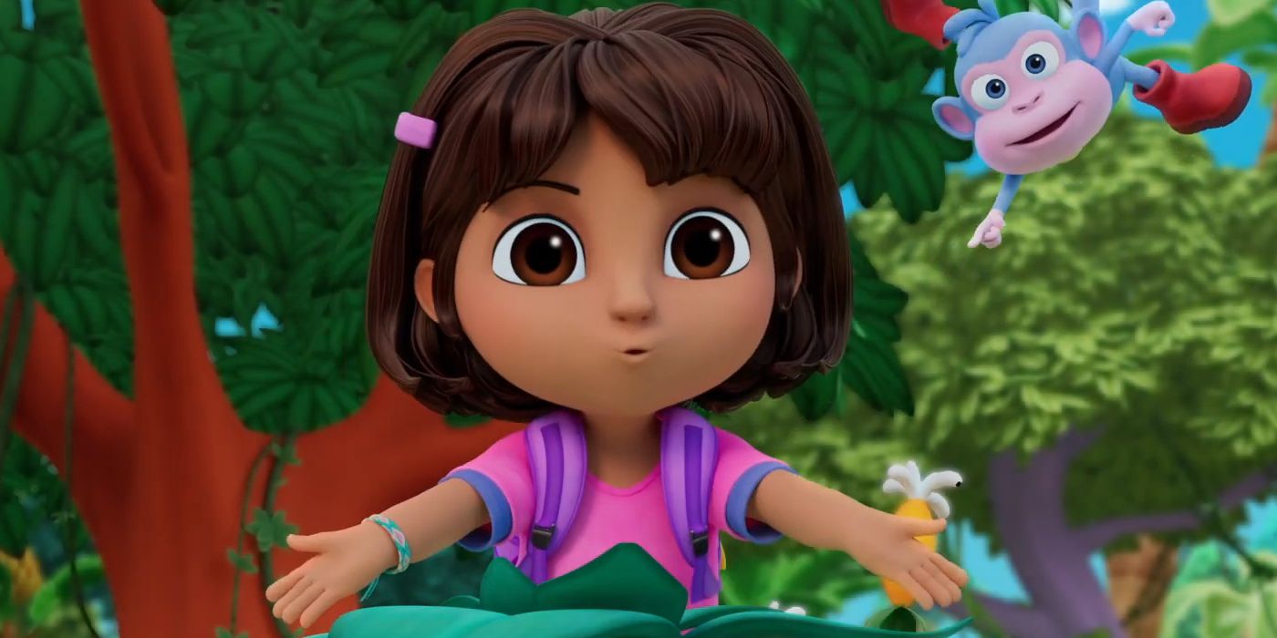 Dora Spreading Her Arms with Boots Behind Her in Dora