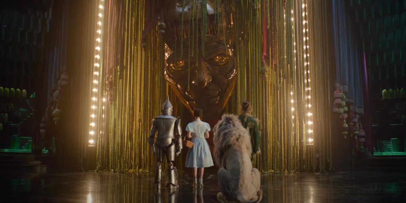 Dorothy dan teman-temannya berbicara dengan Wizard of Oz di trailer Wicked