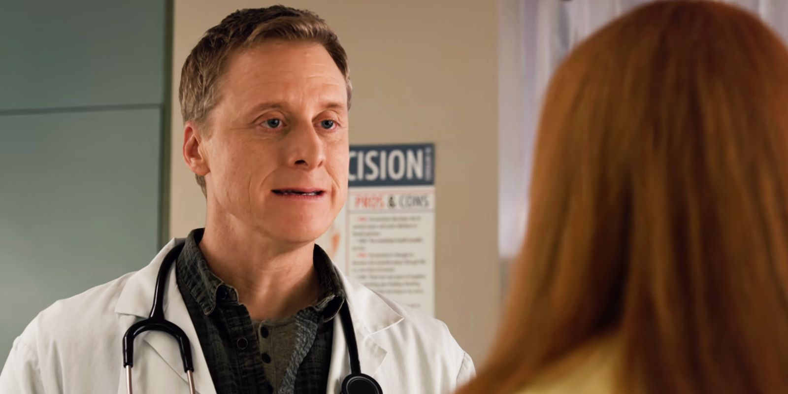 Dr. Vanderspeigle awkwardly talking to patient in Resident Alien