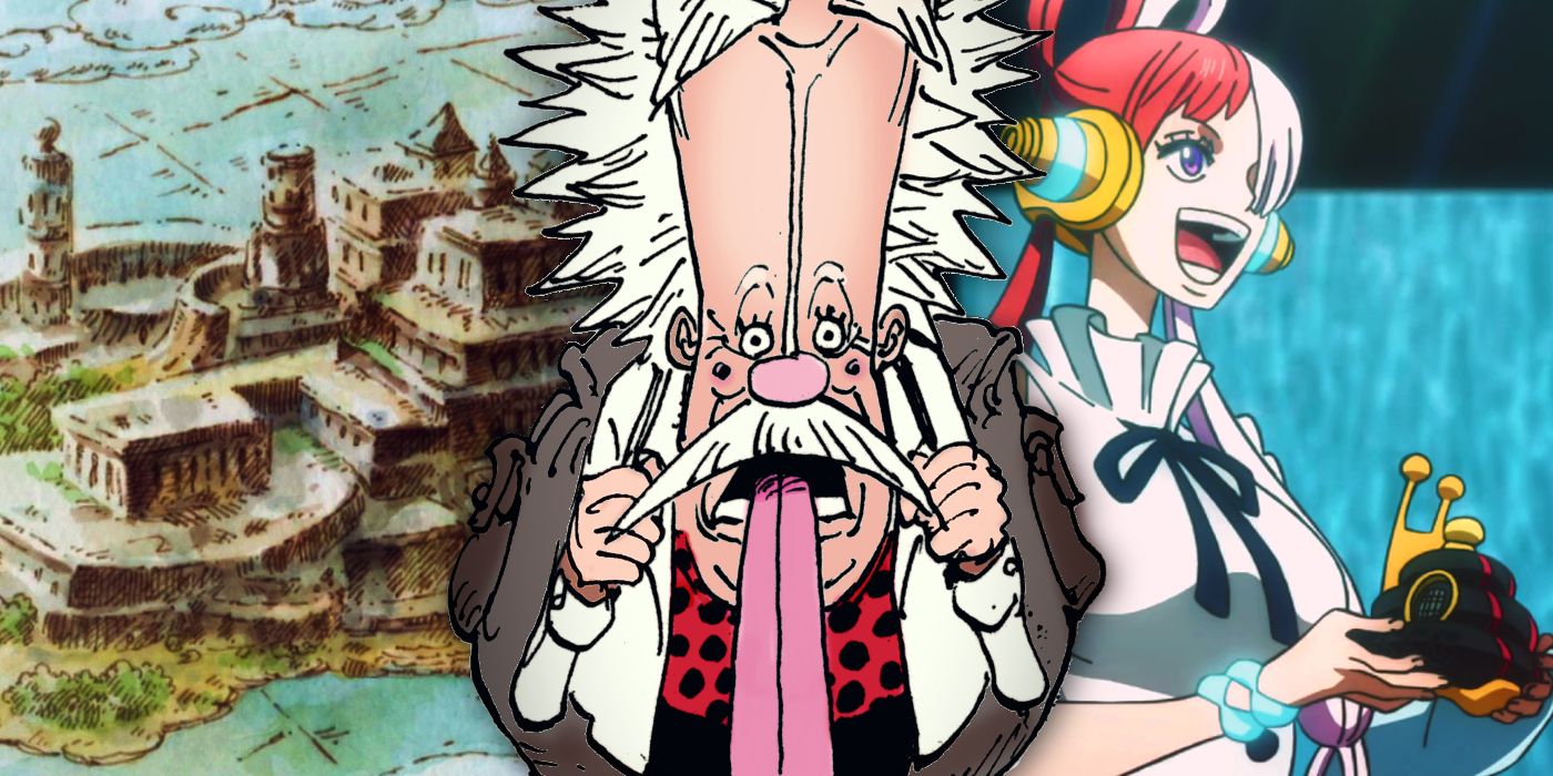 Dr Vegapunk in One Piece looking shocked in the center with the ancient kingdom to the left and Uta holding a snail phone to the right from Film Red-1
