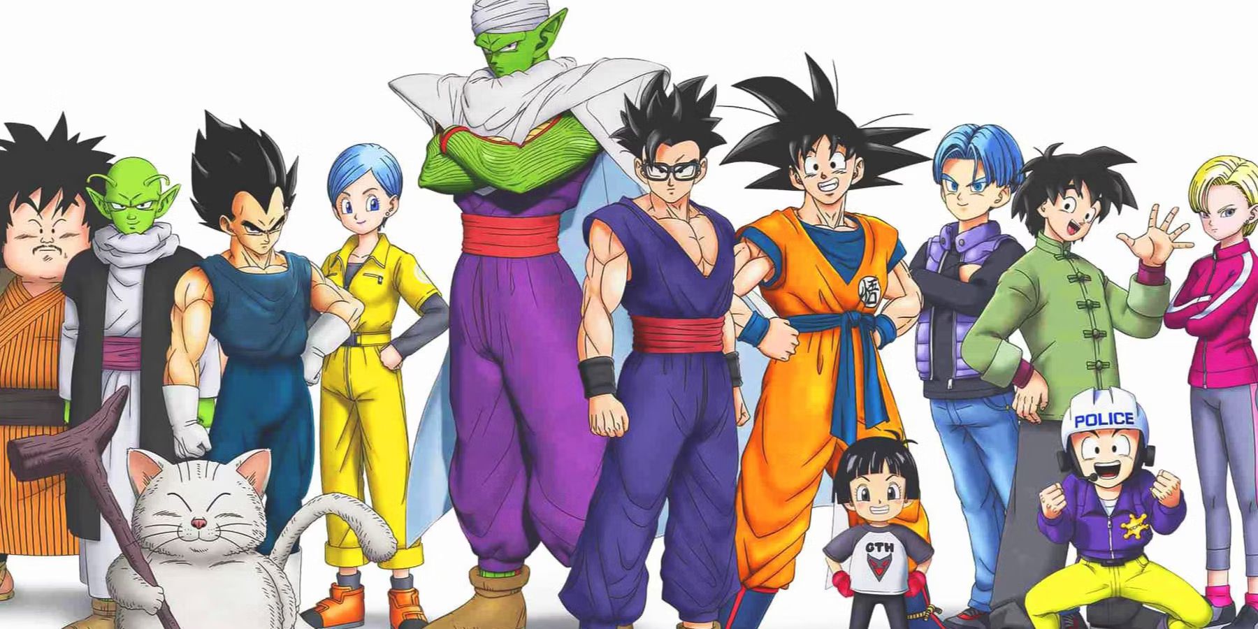 Promotional image for Dragon Ball Super shows the cast of characters including Goku, Vegeta, Piccolo, Gohan, and more standing in a line with a while background.