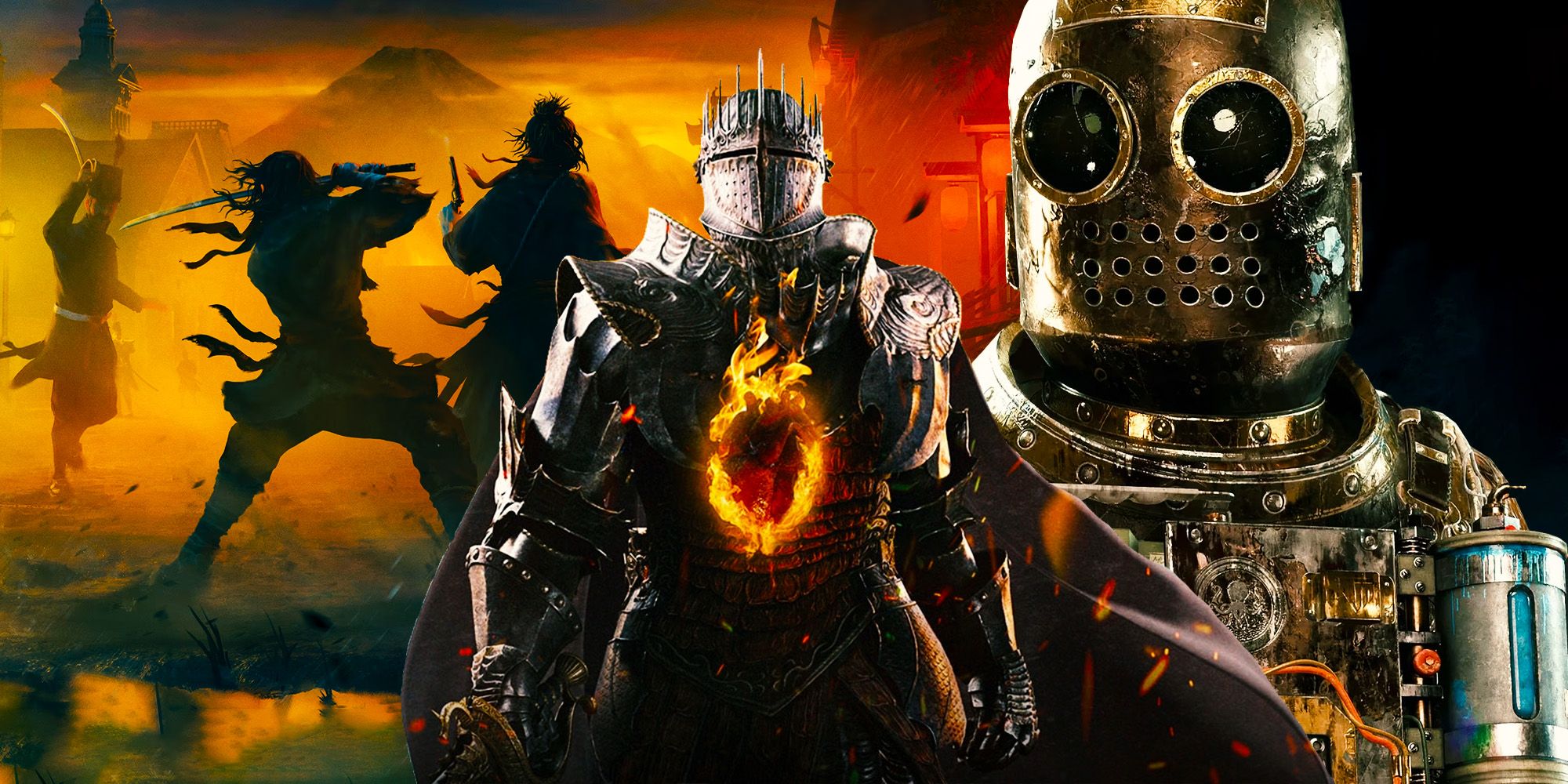 A collage showing characters from Rise of the Ronin, Dragon’s Dogma 2, and The Outlast Trials.