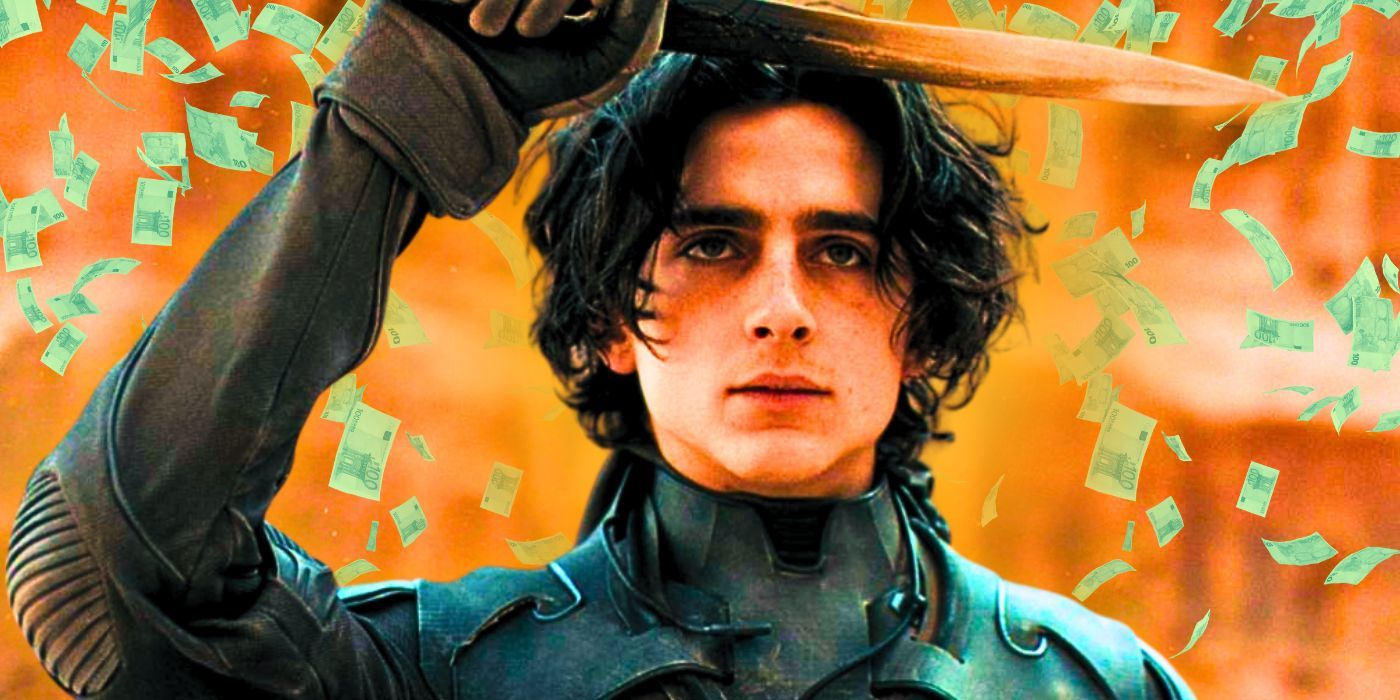 Timothee Chalamet as Paul Atreides holding up his knife with money falling in the background