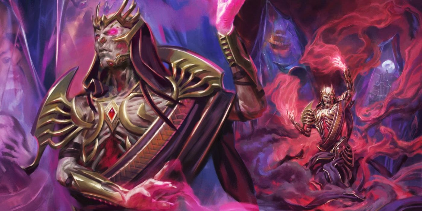 Two official D&D artworks edited together, both showing Vecna surrounded by pink and purple smoke and miasma.