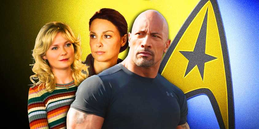 Dwayne Johnson, Ashley Judd, & Kirsten Dunst with the Star Trek logo
