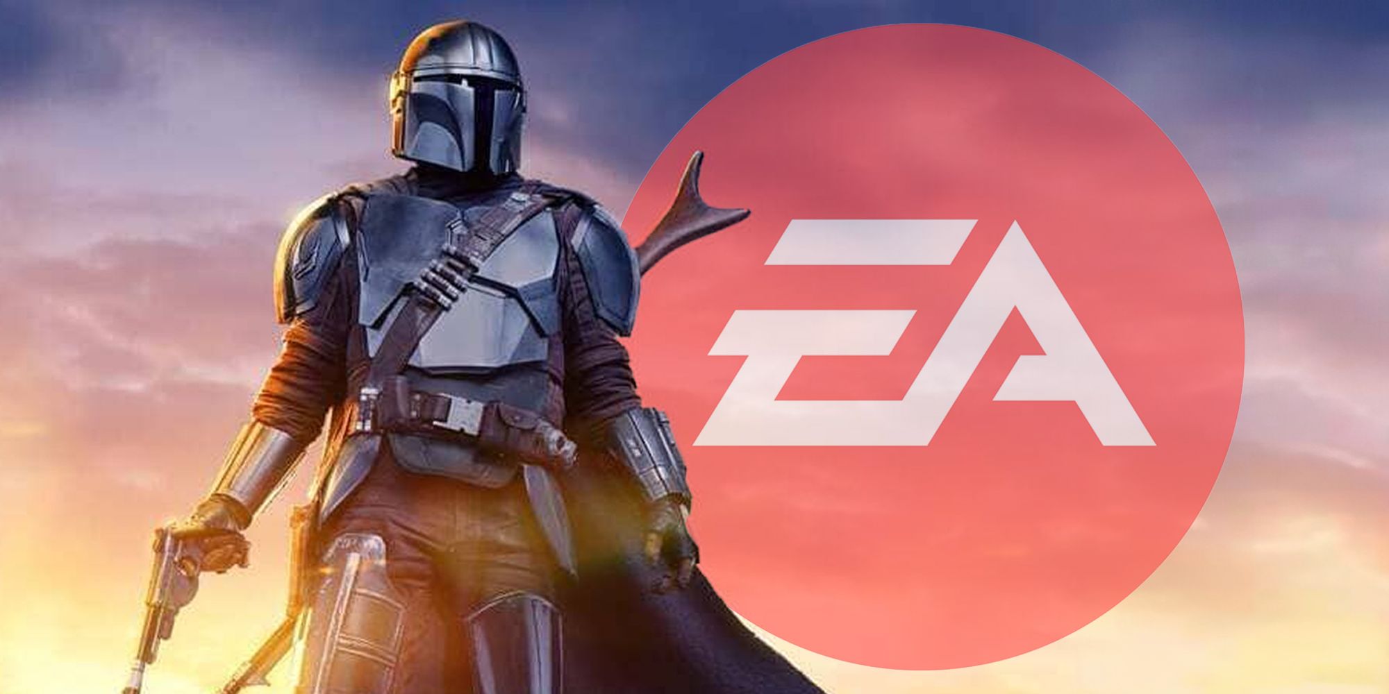 The Mandalorian at sunset with a faded EA logo behind him