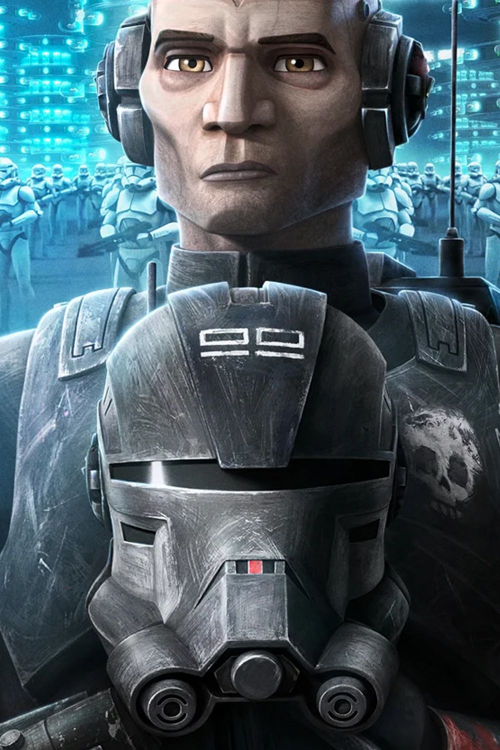 Echo From Star Wars the Bad Batch Holding his Helmet in Front of a Clone Army