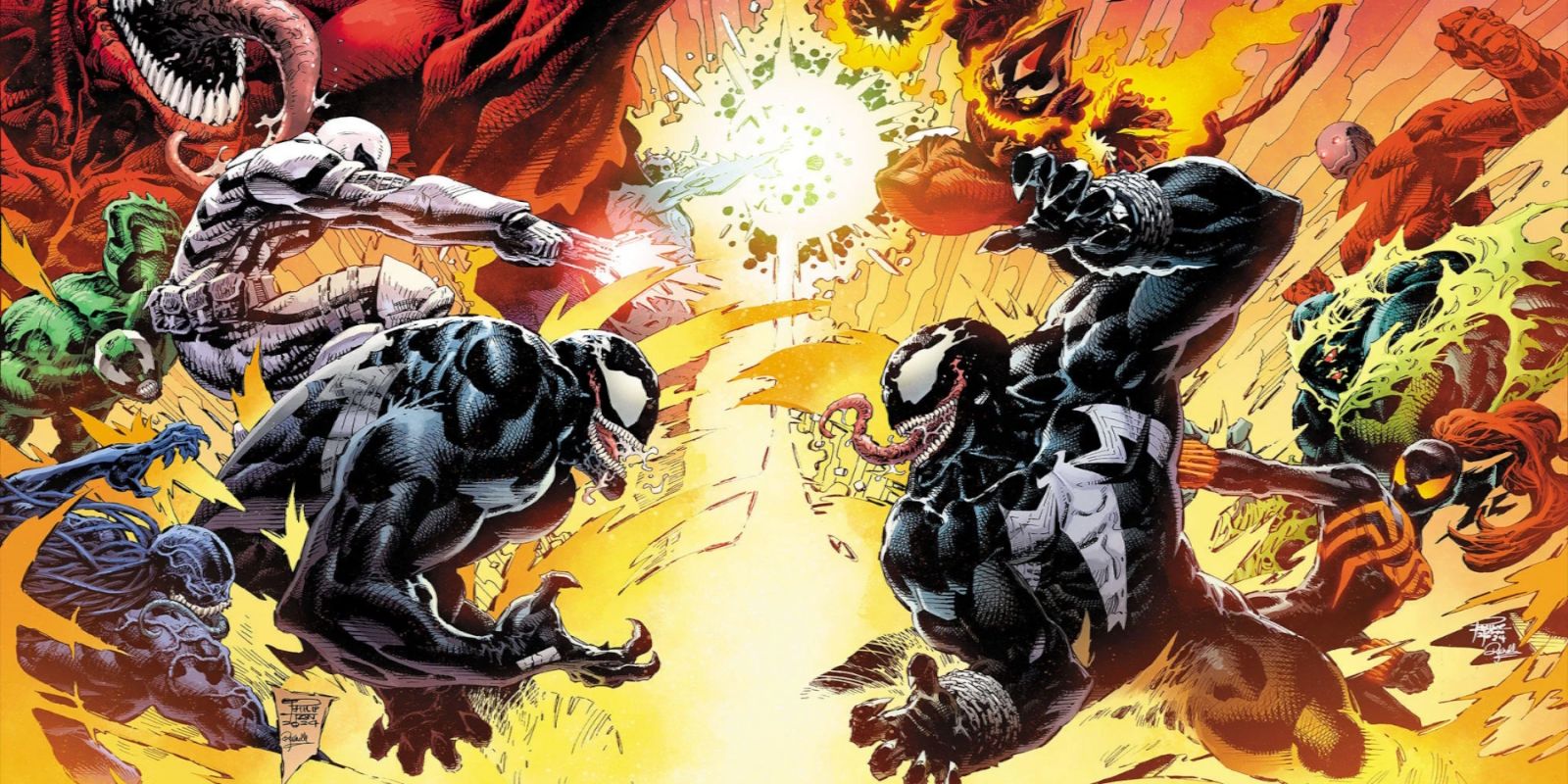 Venom War promotional material, two versions of Venom lead various symbiote characters into battle