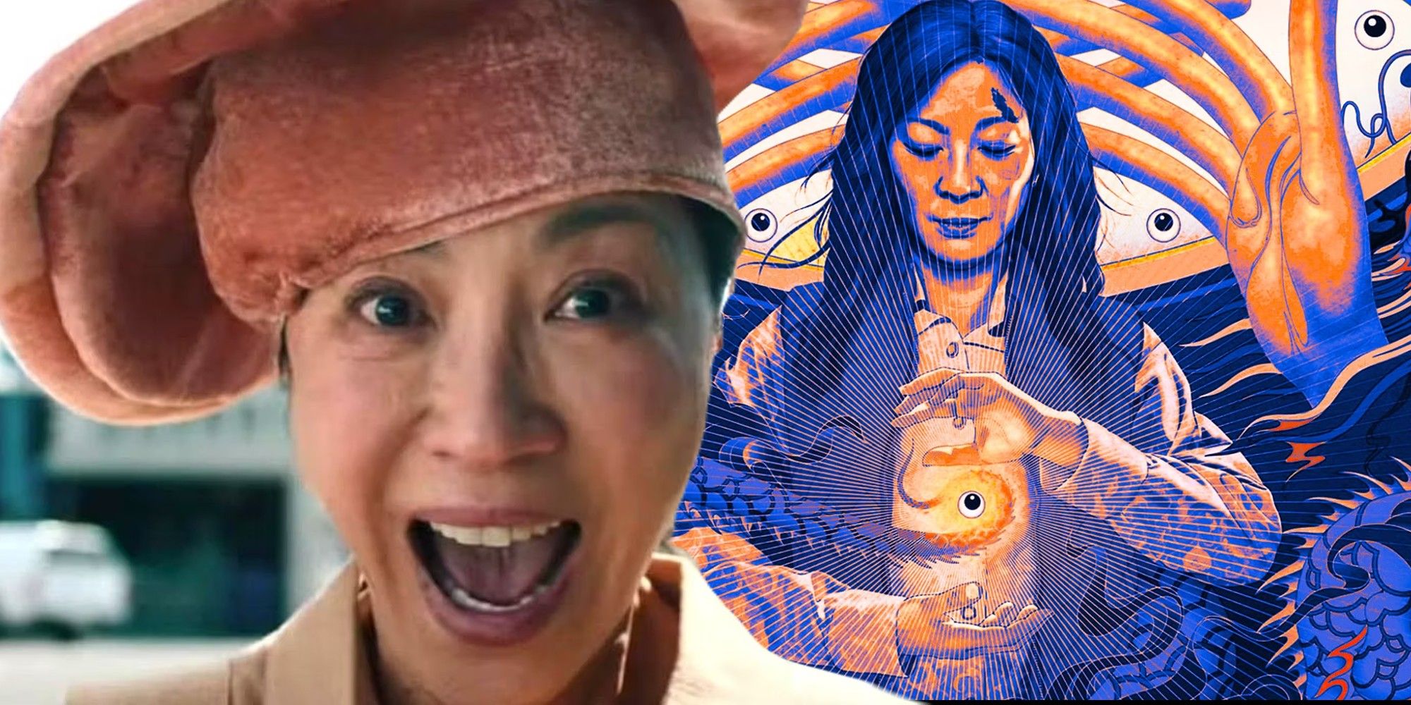 Michelle Yeoh as Evelyn Wang wearing a pizza hat and screaming next to an illustration of her holding energy between her hands in Everything Everywhere All At Once