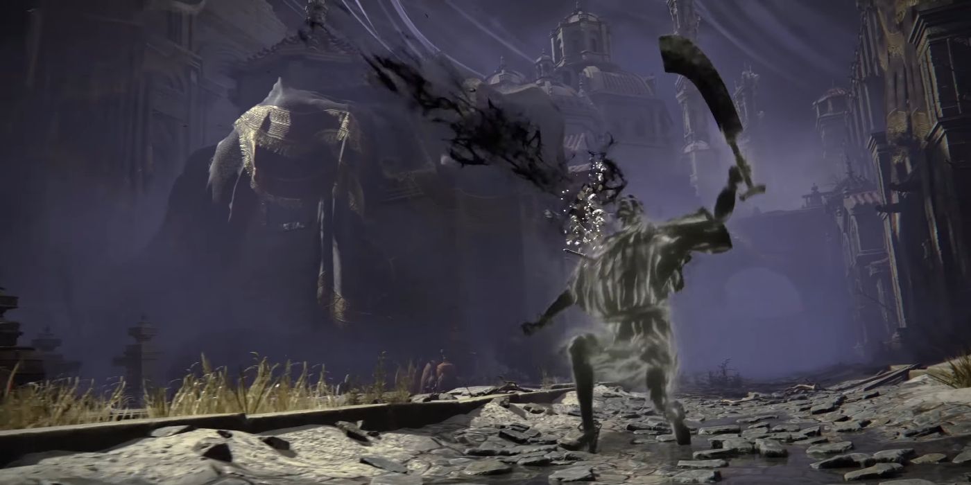 A ghost-like enemy from the Elden Ring DLC carries a cleaver after being struck.