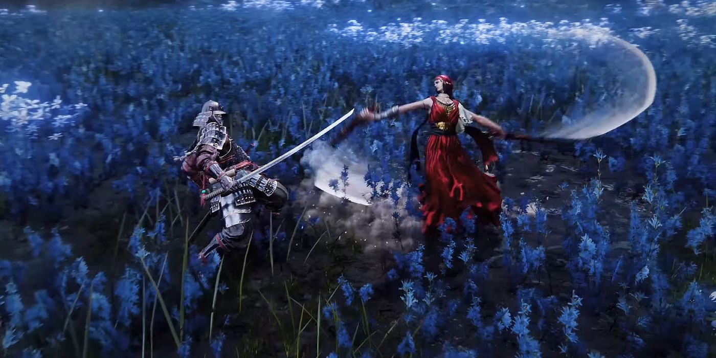 A scarlet-dressed opponent from the Elden Ring DLC swings her swords against the Tarnished.