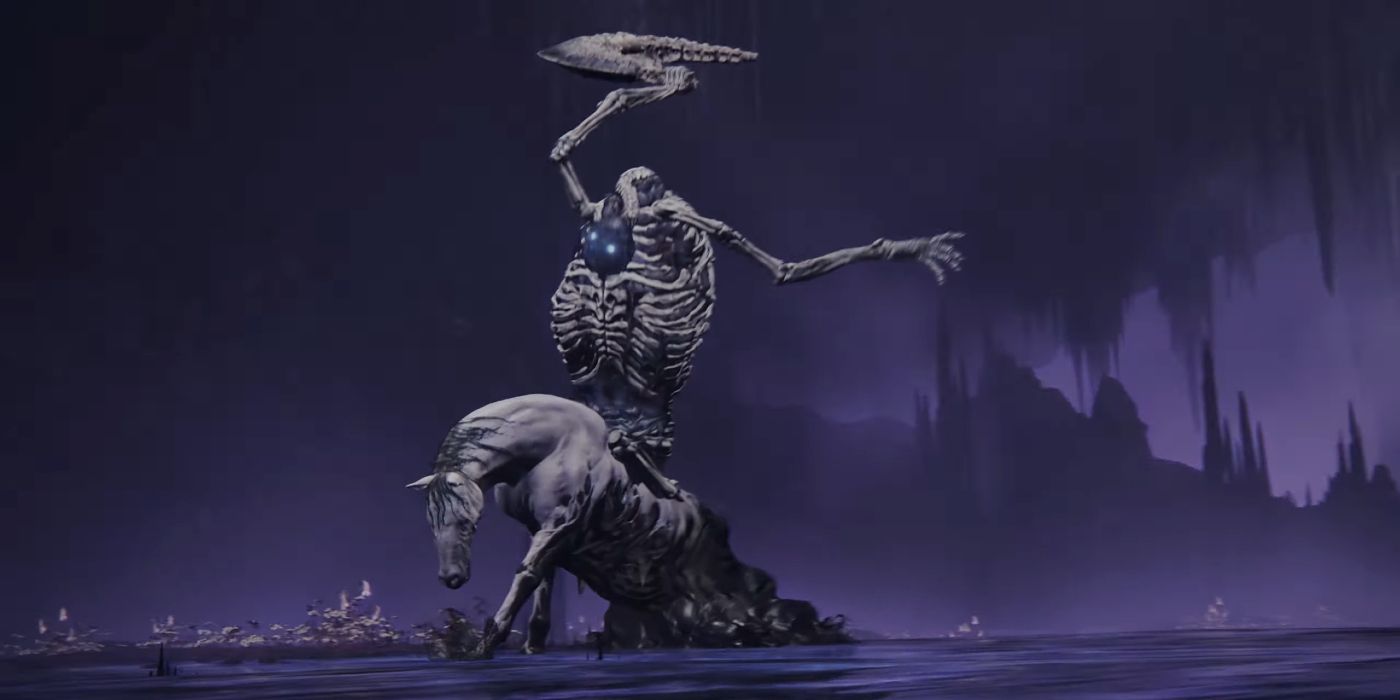A Skeleton Boss mounted on an undead horse in the Elden Ring DLC.