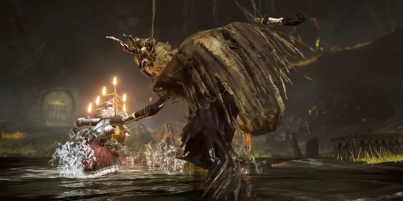An enemy with a candelabra is struck in the Elden Ring DLC.