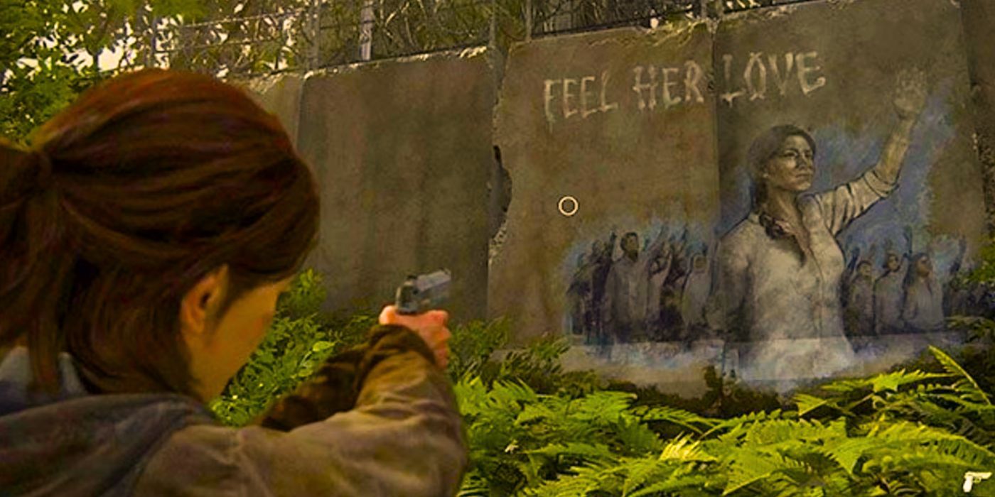 Ellie aponta uma arma para o grafite do Profeta Serafita em The Last of Us Parte 2