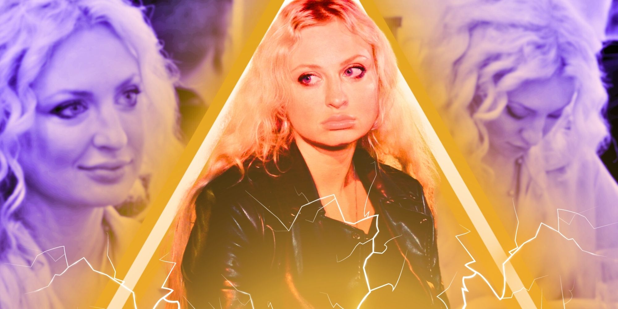 90 Day Fiancé Natalie Mordovtseva pouting sadly with black jacket and lightning elements with her smiling in photos in the background with purple hue