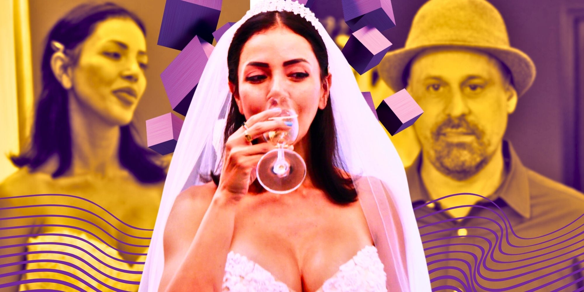 90 day fiance jasmine in a wedding dress drinking champagne with a Gino montage behind her