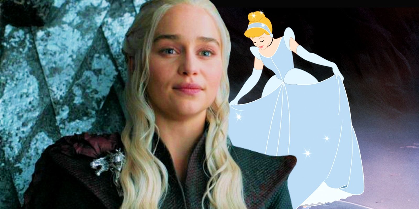 Emilia Clarke as Danaerys Targaryen in Game of Thrones juxtaposed with Cinderella